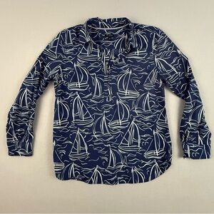 Talbots Shirt Women's Medium Long Sleeve Pullover Partial Button Down Boat Print